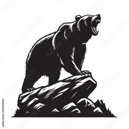 A black and white illustration of a bear standing on a rock, roaring.