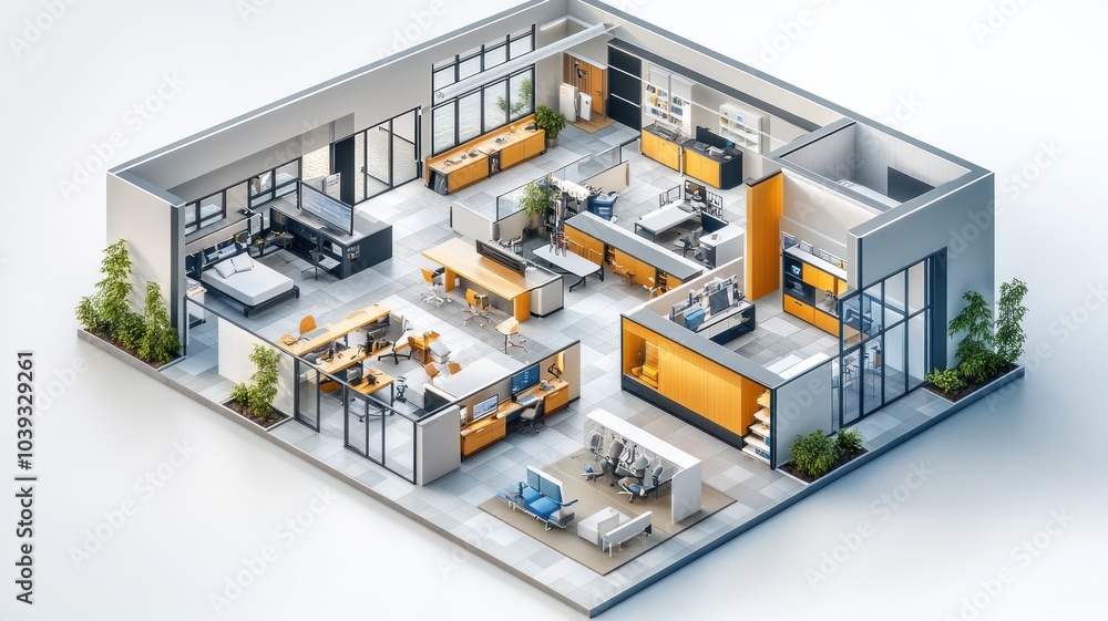 Modern office layout showcasing collaborative workspaces and amenities. Modern office layout showcasing collaborative workspaces and amenities.