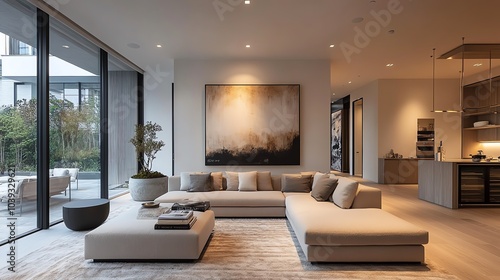 Modern living room interior with large windows, stylish furniture, and minimalist decor, showcasing contemporary design and natural light.