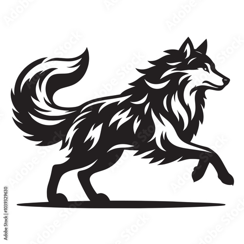 A black and white illustration of a wolf leaping.