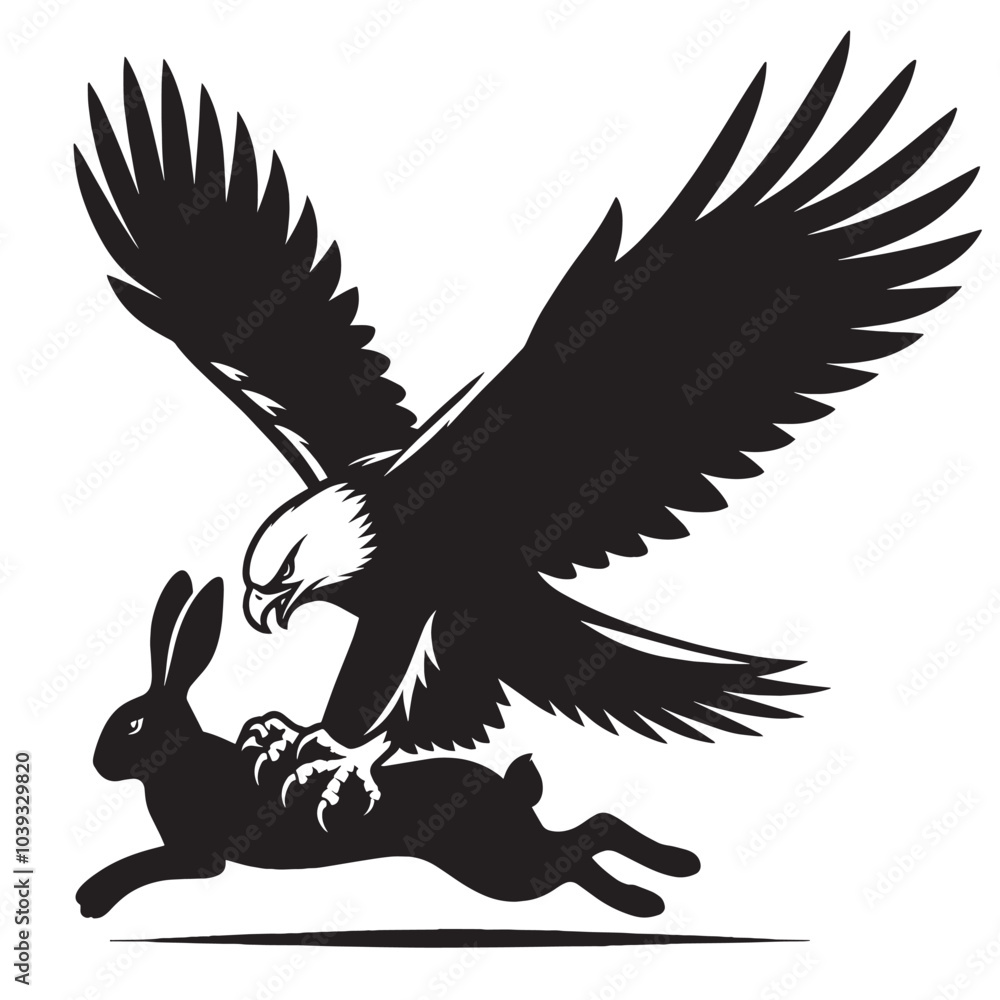 Obraz premium A black and white illustration of an eagle catching a rabbit in mid-air.
