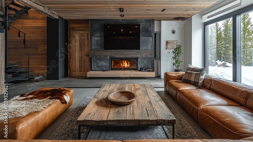 Stylish and cozy living room featuring a leather sofa, wooden table, and large windows with a warm fireplace, perfect for relaxation. photo