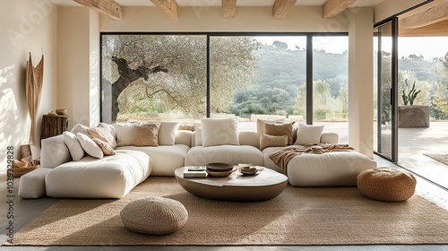 Stylish and cozy living room with modern furniture, large windows offering scenic views, and a relaxing atmosphere.