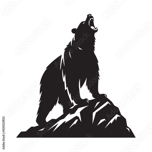 Quadro em tela A black and white silhouette of a bear standing on a rock, with its mouth open in a roar