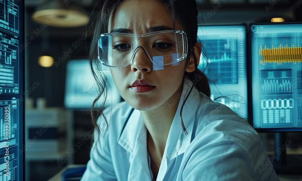 Scientist analyzing data with glasses in a lab environment. Scientist analyzing data with glasses in a lab environment.
