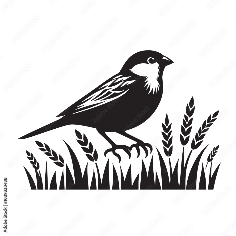 A black and white silhouette of a sparrow perched on a patch of wheat and grass. A black and white silhouette of a sparrow perched on a patch of wheat and grass.