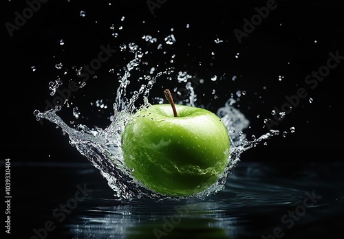 a green apple falling into the water and splashing