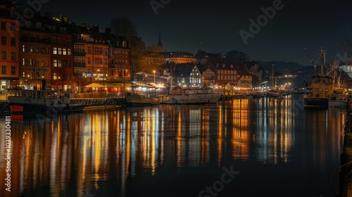 Night Harbor Scene with Glowing Lights and Boats