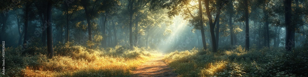 Serene forest path illuminated by soft sunlight.
