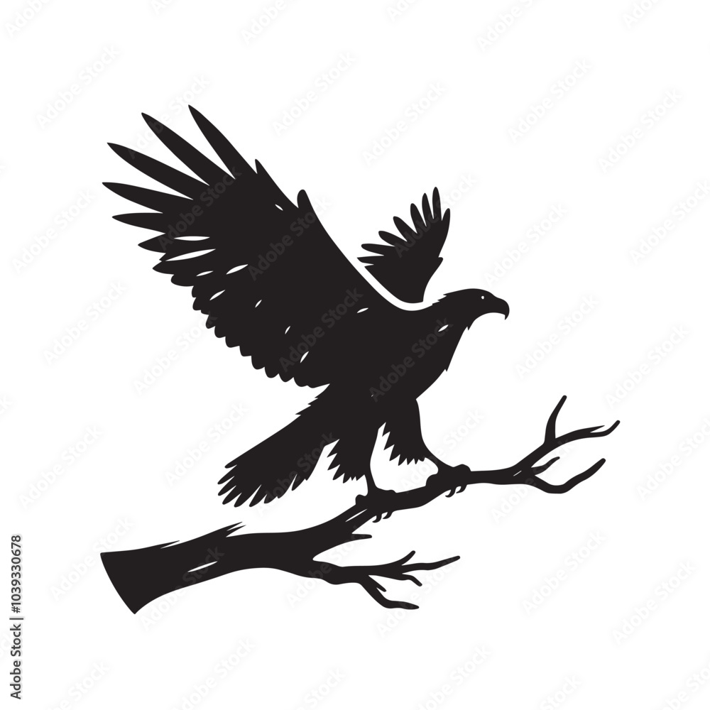 A black and white silhouette of an eagle perched on a branch. A black and white silhouette of an eagle perched on a branch.