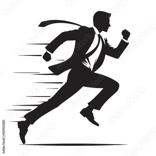 A black silhouette of a man running fast in a suit with his tie flying behind him.