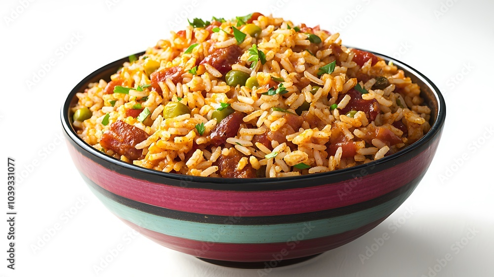 Delicious Spanish Rice with Tomatoes Peas and Chorizo in a Colorful Bowl Delicious Spanish Rice with Tomatoes Peas and Chorizo in a Colorful Bowl