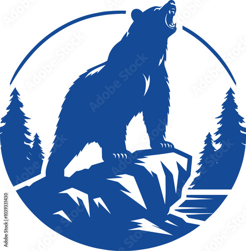 A blue silhouette of a bear roaring on a mountain with trees behind it in a circle shape.