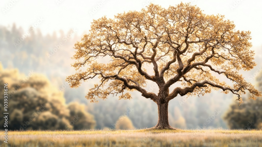 A majestic tree with golden leaves in a serene outdoor setting. A majestic tree with golden leaves in a serene outdoor setting.