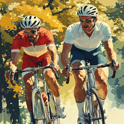 Two men cycling on a sunny day in vibrant outdoor scenery photo