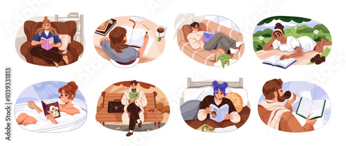 Set of people read paper books. Happy men and women with stories, fiction novels outdoors and indoors. Students study with textbooks, learning literature. Flat isolated vector illustrations on white