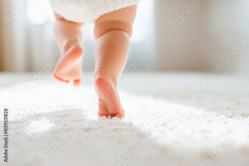 baby  taking her first steps on a soft carpet. The image radiates joy, innocence, and the beauty of growth, making it perfect for family, parenting, and lifestyle blog/banner/web