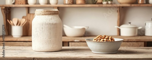 Rustic kitchen scene with a jar and a bowl of nuts on a wooden countertop.