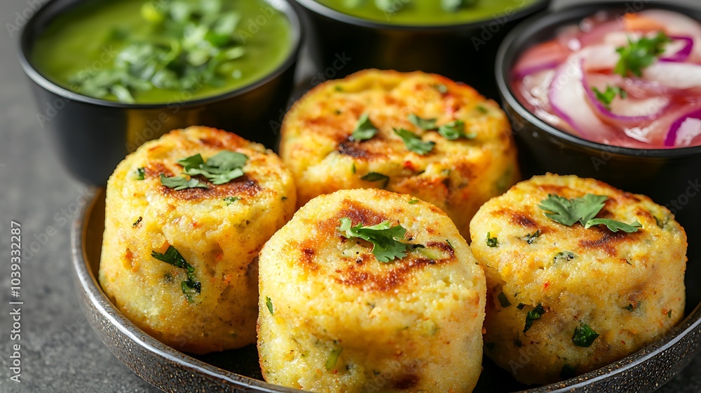 Fototapeta premium Crispy Fried Potato Patties with Green Chutney and Onion Salad