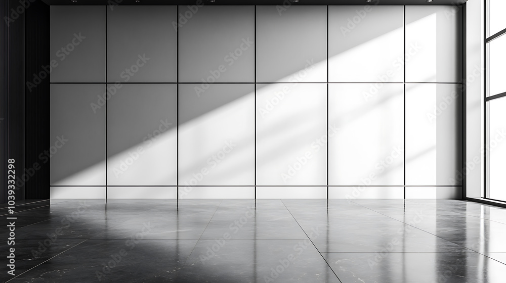 A minimalist interior with a large window and a sleek white tiled wall. Sunlight streams through the window, casting long shadows across the room. A minimalist interior with a large window and a sleek white tiled wall. Sunlight streams through the window, casting long shadows across the room.