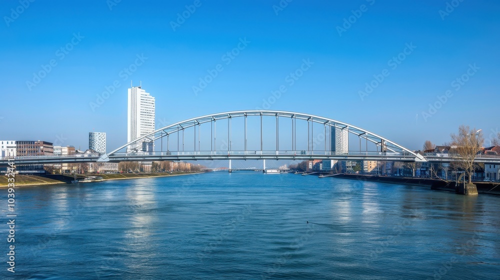 Panoramic View of a Modern Steel Bridge Over Water Panoramic View of a Modern Steel Bridge Over Water