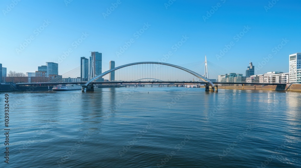 Naklejka premium Panoramic View of Modern Steel Bridge and Cityscape