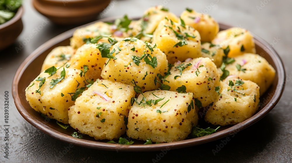 Delicious Indian Dhokla Snack Food With Parsley and Onion Delicious Indian Dhokla Snack Food With Parsley and Onion