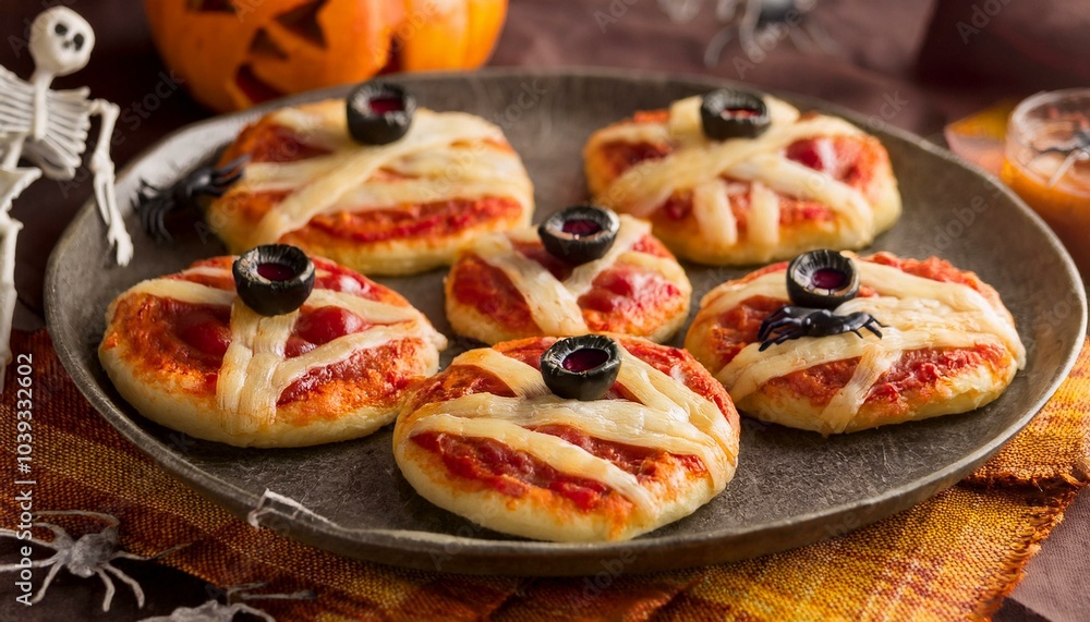 Mini pizzas designed to look like mummies, with strips of mozzarella cheese crisscrossing Mini pizzas designed to look like mummies, with strips of mozzarella cheese crisscrossing