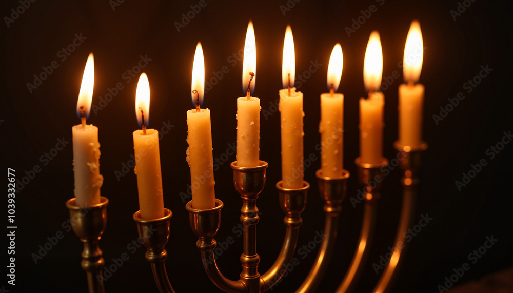 Lit Hanukkah menorah with candles against dark background Lit Hanukkah menorah with candles against dark background