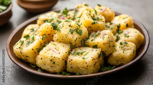 Delicious Indian Dhokla Snack Food With Parsley and Onion