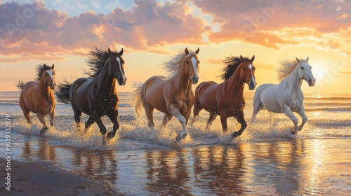 A group of horses running through shallow water at sunset, creating a dynamic and lively scene.