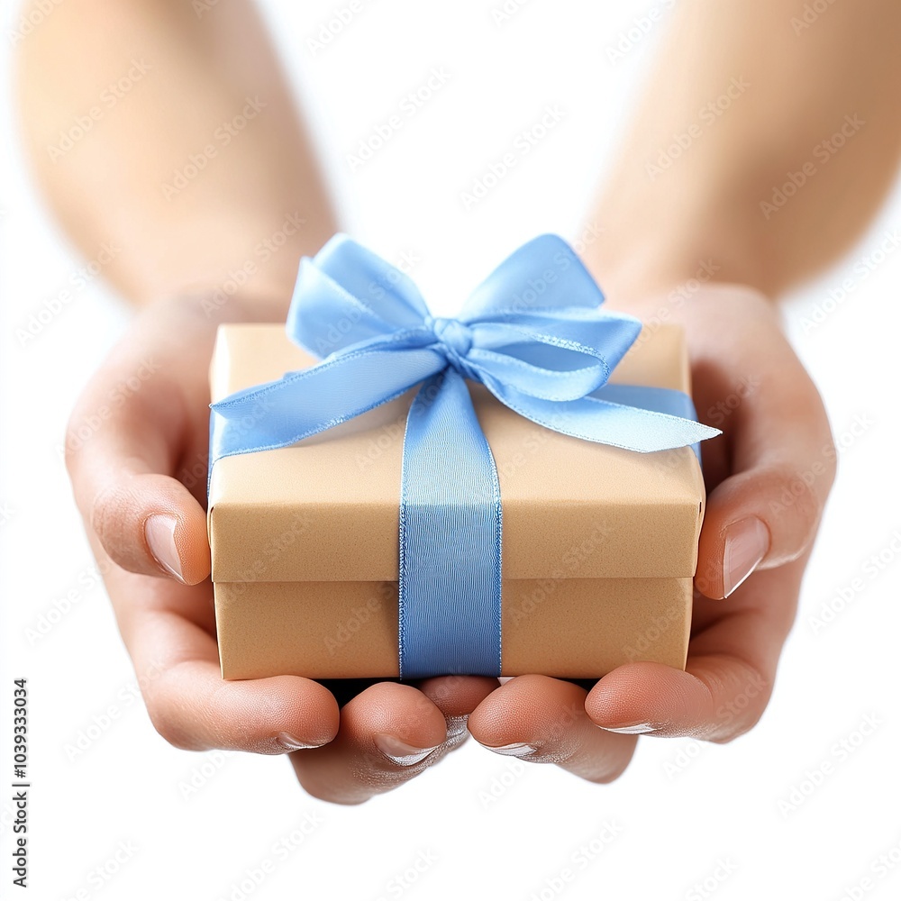 Close-up of hands holding out a gift box with a blue ribbon, isolated on a white background Close-up of hands holding out a gift box with a blue ribbon, isolated on a white background