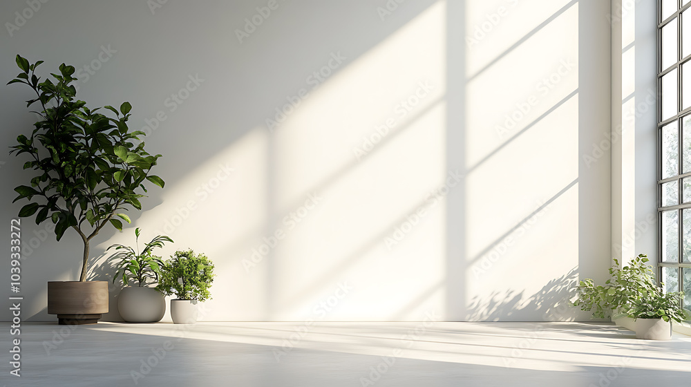 Fototapeta premium Sunlight streams through a large window, casting long shadows on the white wall of a minimalist room. Three potted plants add a touch of greenery to the bright space.