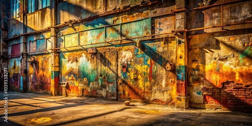 A weathered concrete wall with faded, chipped paint and exposed brick reveals the layers of time and decay in the once bustling industrial building. photo