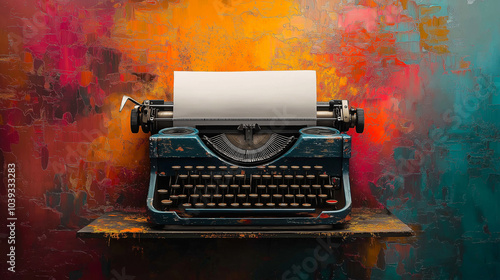 Vintage typewriter on vibrant abstract background