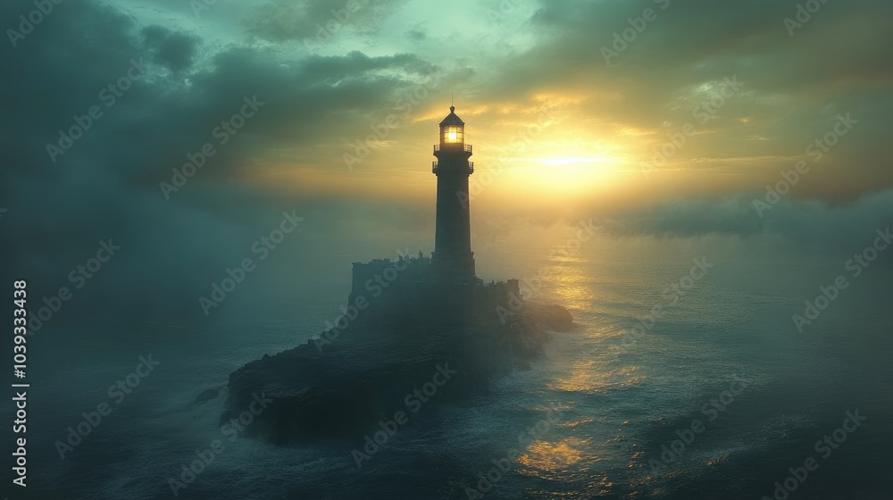Lighthouse shining light through foggy sunset at sea Lighthouse shining light through foggy sunset at sea
