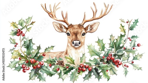 A festive reindeer, illustrated in watercolor with holly decorations, ideal for holiday settings.