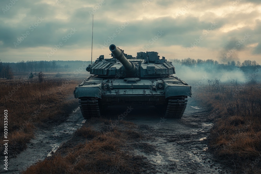 Modern battle tank driving on muddy road during military training exercise
