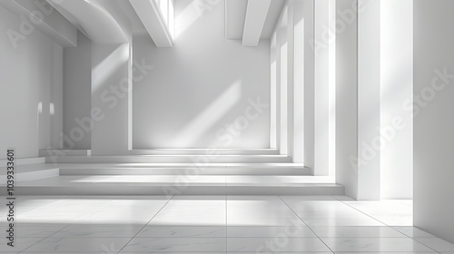 A minimalist, white room with a series of steps and tall pillars, illuminated by natural light streaming in from a window. The space is clean and modern, with a focus on the geometric lines and angles