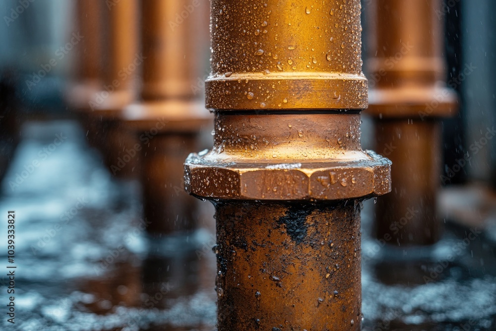 Water droplets clinging to industrial copper pipes Water droplets clinging to industrial copper pipes