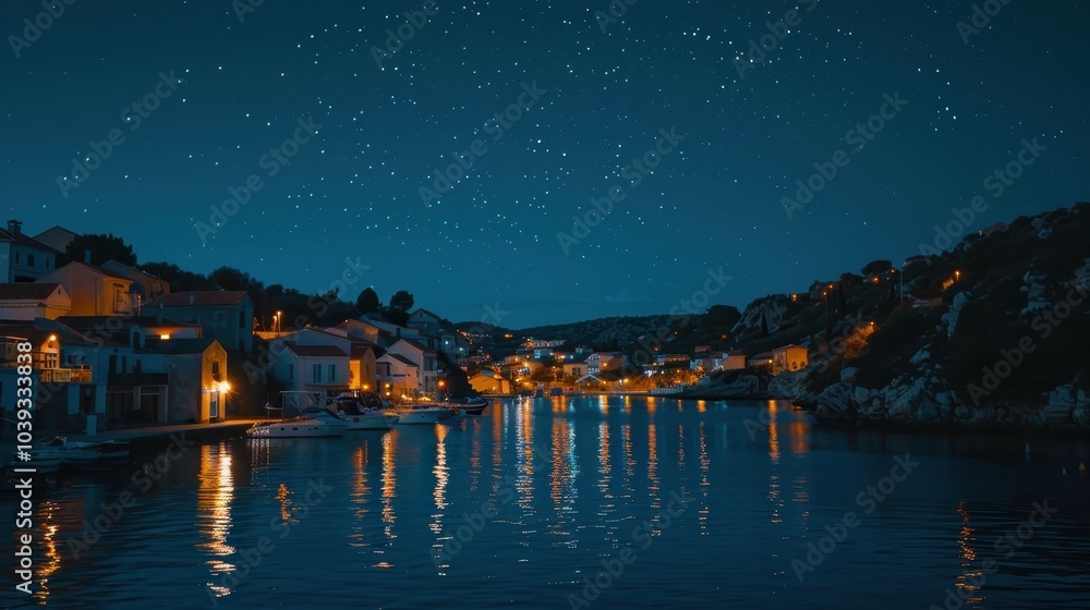 Obraz premium Serene Coastal Town at Night with Twinkling Lights