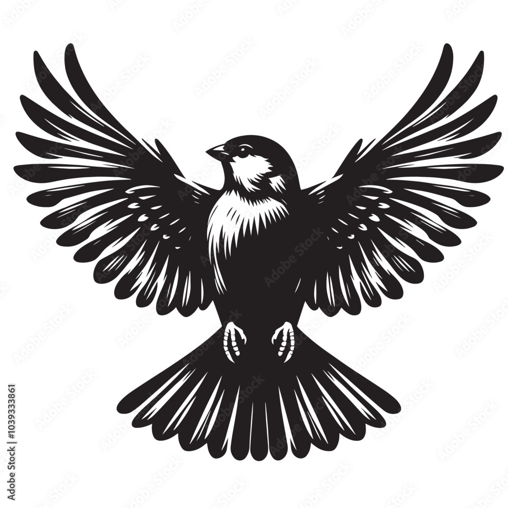 Fototapeta premium Black and white illustration of a bird with its wings spread.