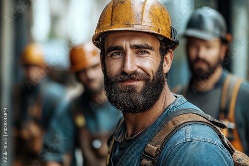 Construction worker with a big beard is smiling on a job site