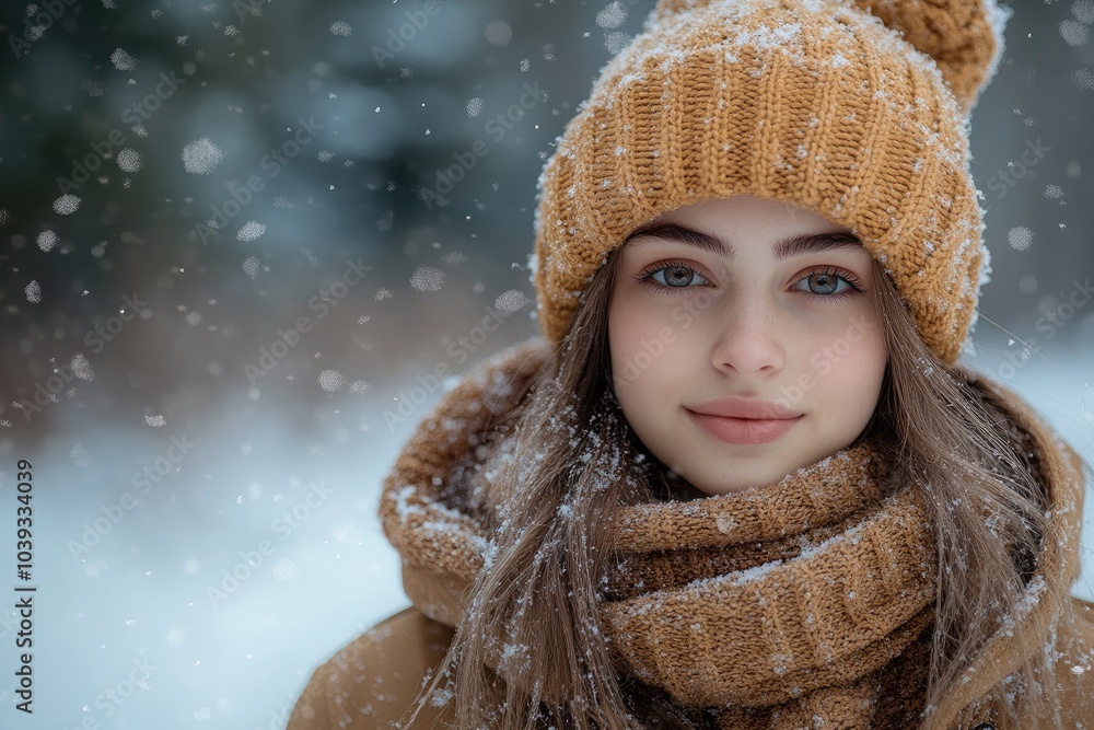 Beautiful young woman wearing winter clothes enjoying snowfall Beautiful young woman wearing winter clothes enjoying snowfall