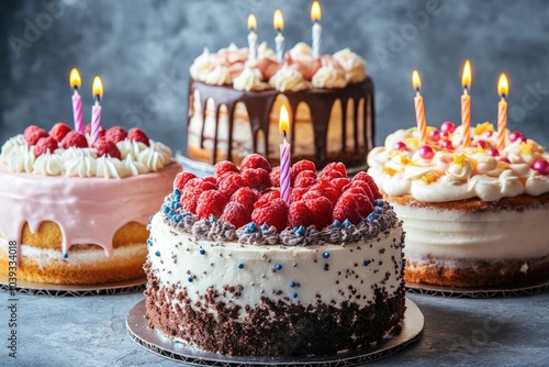 Four birthday cakes with lighted candles and raspberry topping