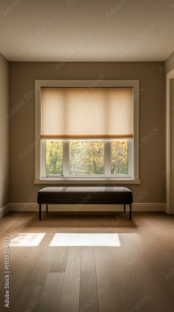 Fototapeta premium Natural light streaming into a minimalistic living room with a bench and elegant window treatment