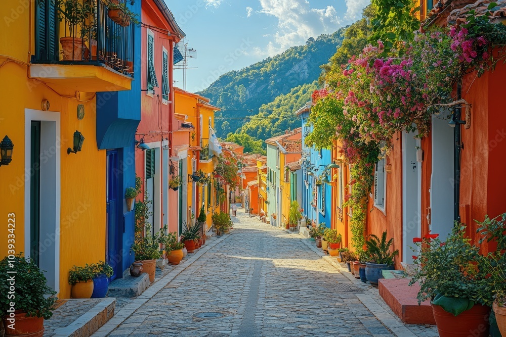 Fototapeta premium Picturesque street with colorful houses and flowers leading to the mountains