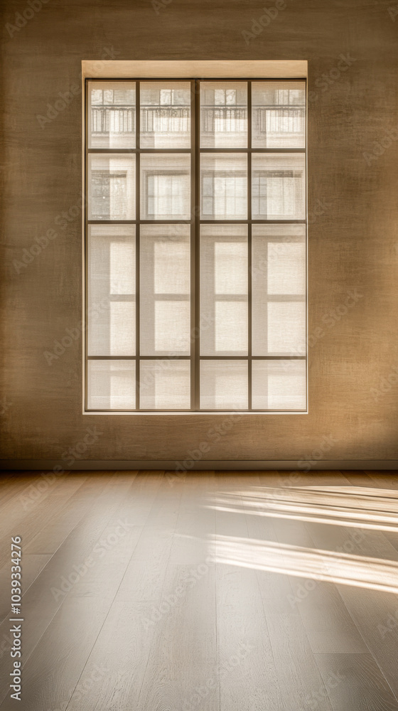 Fototapeta premium A sunlit room with large windows revealing minimalistic interior design elements