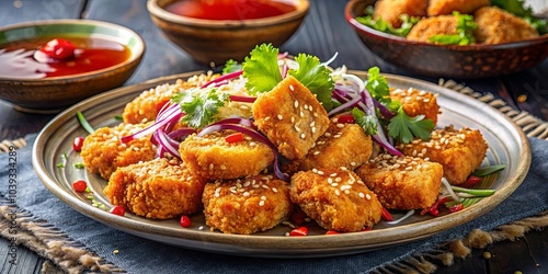 Crispy Fried Sesame-Crusted Bites Served with Aromatic Red Onions and Fresh Herbs on a Rustic Plate