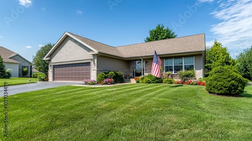 A cozy suburban home with an American flag proudly displayed on the front yard.